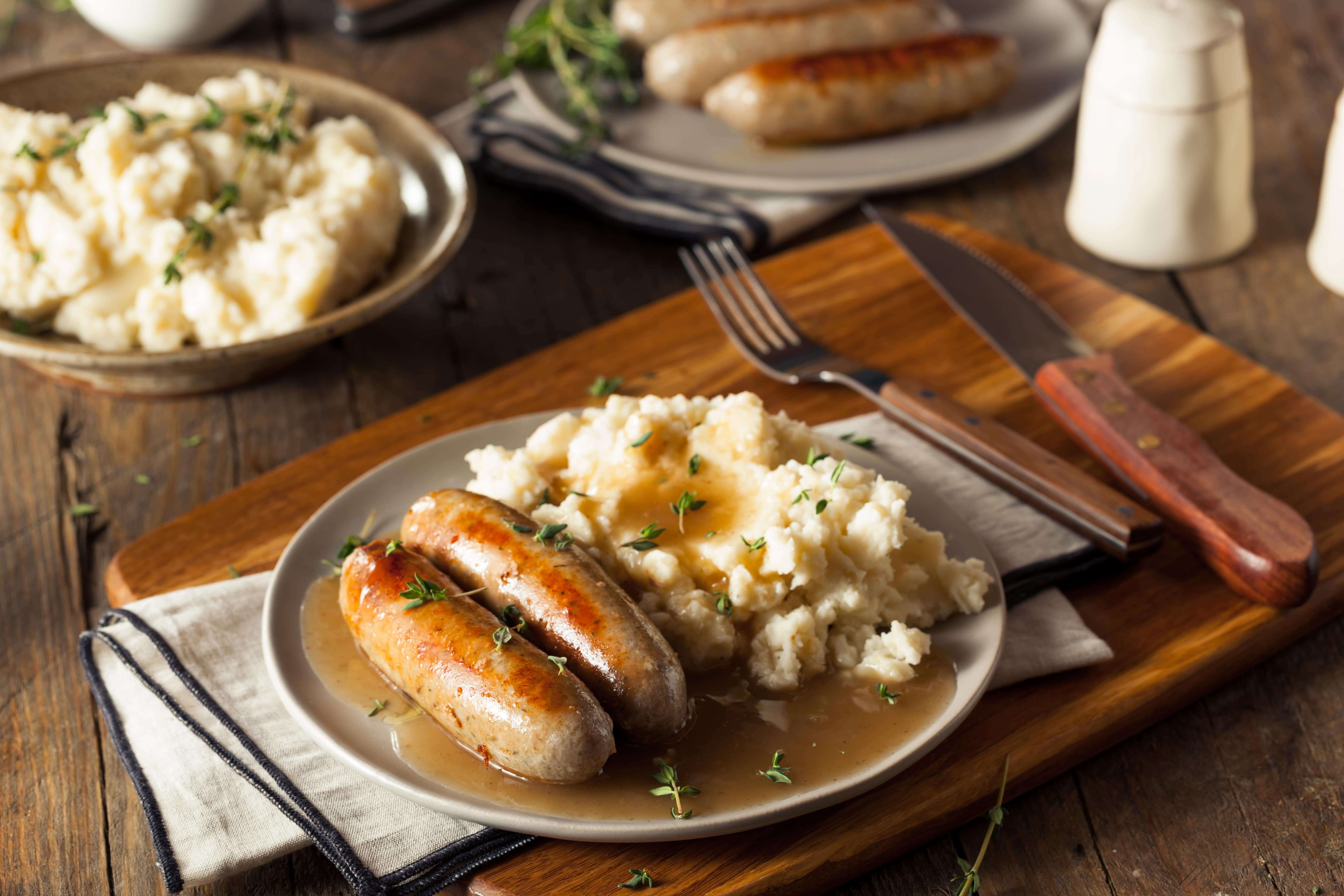 Homemade Bangers and Mash with Herbs and Gravy